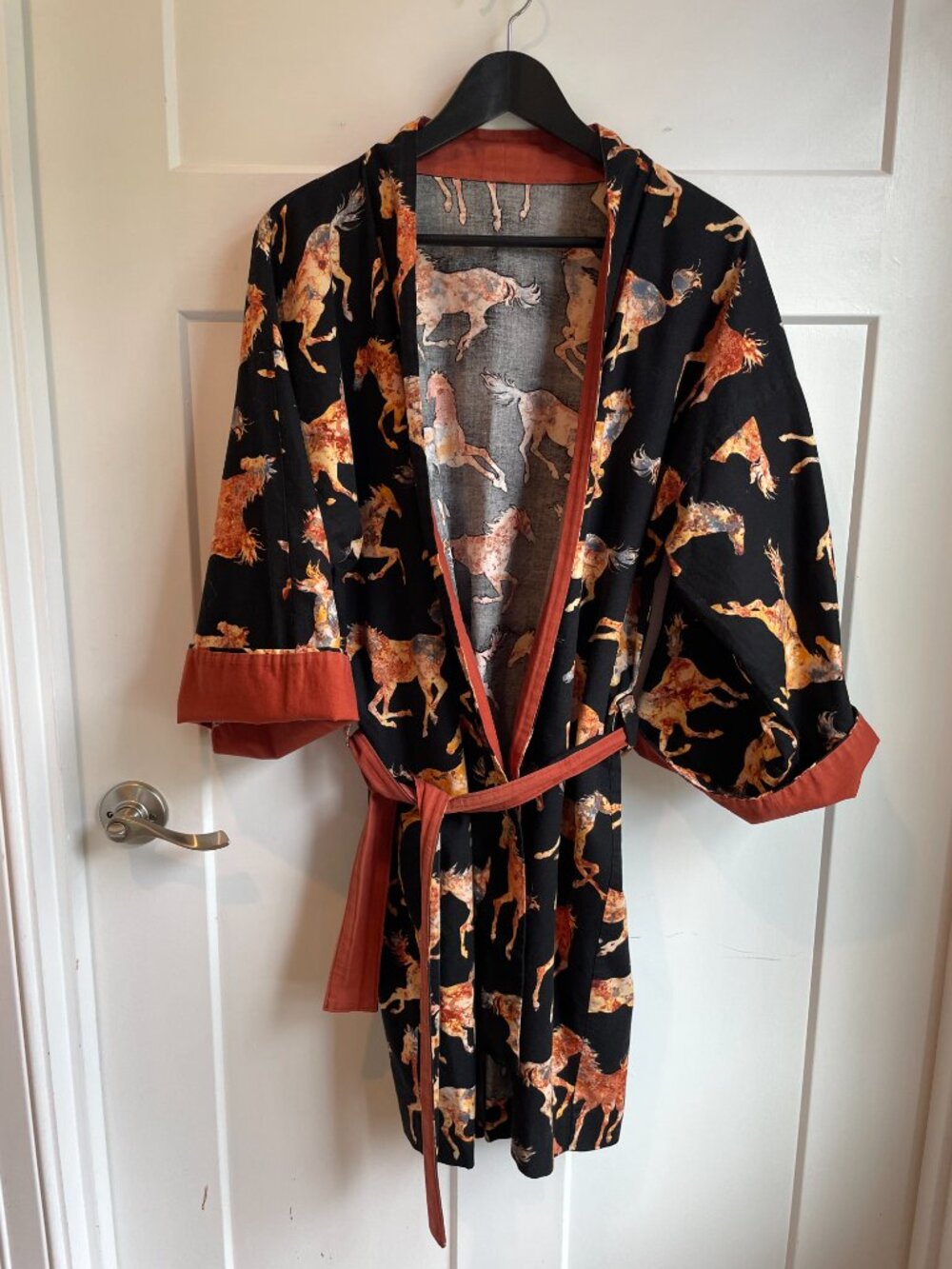 Wild Horses Short Robe Jacket Kimono 100% Cotton Boho Copper Reversible Cuffs OS - Picture 14 of 15